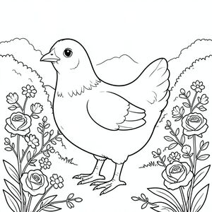 solo, một con chim, một đầu, hai mắt, một mỏ, hai cánh, hai chân, một đuôi, tỷ lệ tự nhiên, quy mô thích hợp trong môi trường, đúng giải phẫu, gà, Làn đường, hàng rào, hoa hồng, hoa dại, yên tĩnh, yên bình, đơn giản, dọn dẹp, lý lịch, phong cảnh, trang tô màu, nghệ thuật đường, nền trắng, solo, chủ đề đơn, chính xác về mặt giải phẫu, giải phẫu hoàn hảo