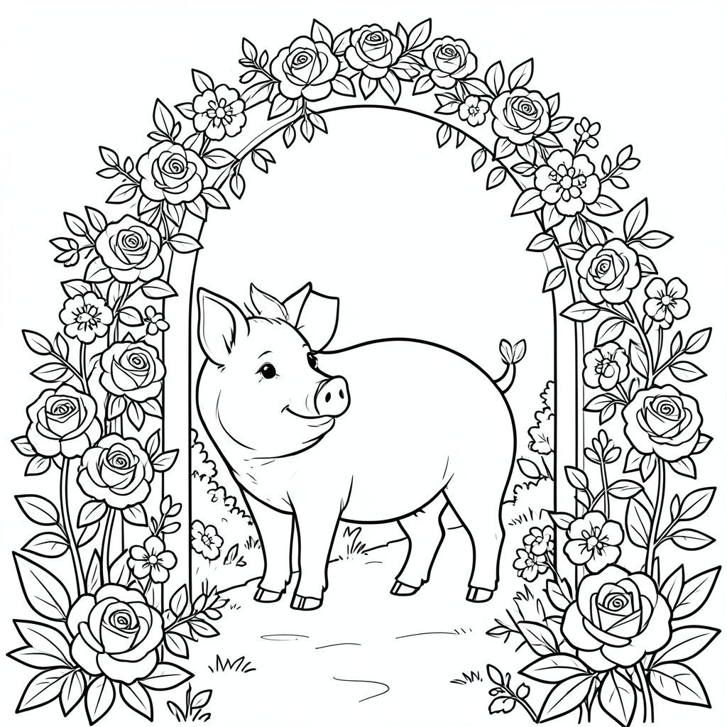 solo, chủ đề đơn, một đầu, hai mắt, hai tai, bốn chân, một đuôi, tỷ lệ tự nhiên, quy mô thích hợp trong môi trường, đúng giải phẫu, Con lợn, đường vườn, quanh co, Cổng vòm, hoa hồng, leo núi, hoa, tán lá, ánh sáng mặt trời, đơn giản, dọn dẹp, trang màu, nghệ thuật đường, nền trắng, solo, chủ đề đơn, đúng về mặt giải phẫu, giải phẫu hoàn hảo