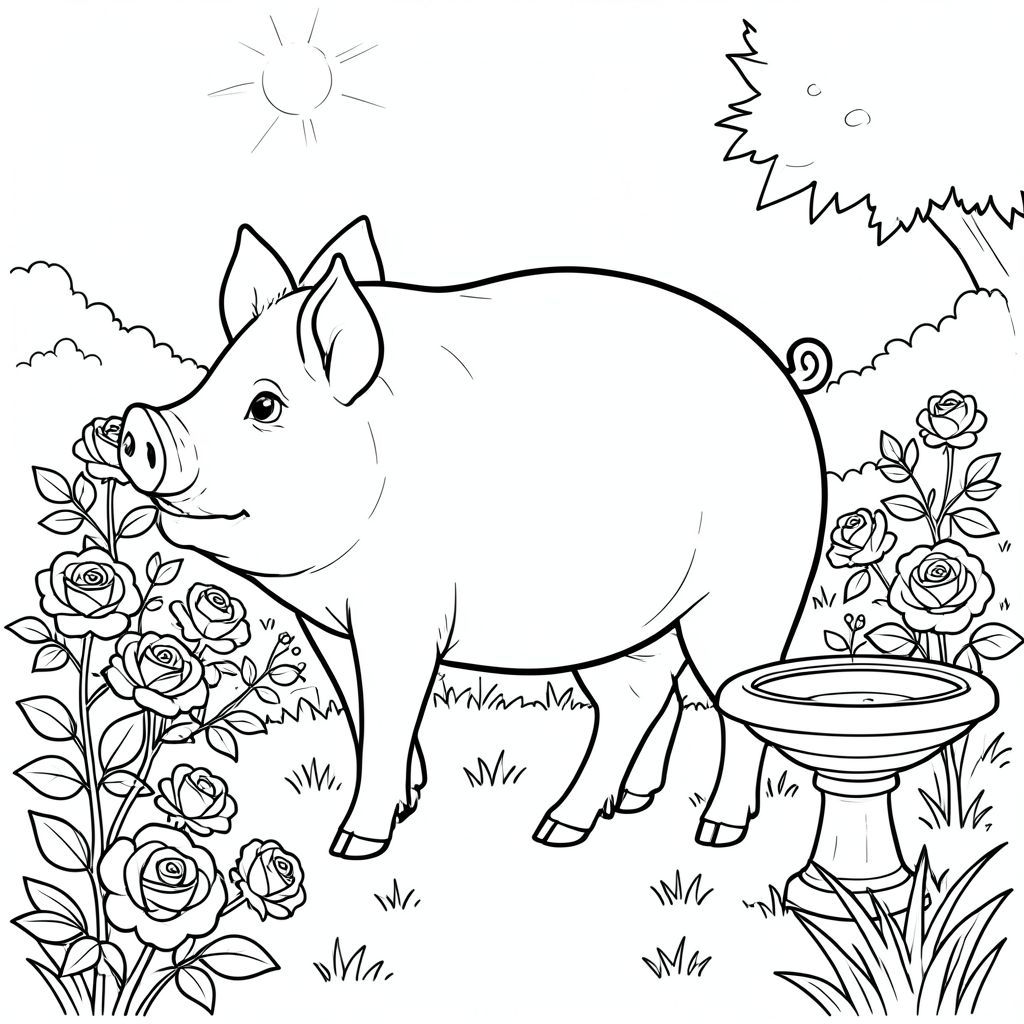 solo, chủ đề đơn, một đầu, hai mắt, hai tai, bốn chân, một đuôi, tỷ lệ tự nhiên, quy mô thích hợp trong môi trường, đúng giải phẫu, Con lợn, vườn, hoa hồng, băng ghế đá, Bồn tắm chim, ánh sáng mặt trời, cỏ, nền đơn giản, dọn dẹp, Gỗ, tán lá, trang màu, nghệ thuật đường, nền trắng, solo, chủ đề đơn, đúng về mặt giải phẫu, giải phẫu hoàn hảo