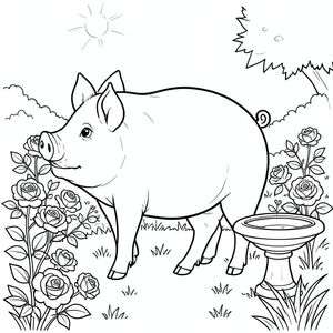 solo, chủ đề đơn, một đầu, hai mắt, hai tai, bốn chân, một đuôi, tỷ lệ tự nhiên, quy mô thích hợp trong môi trường, đúng giải phẫu, Con lợn, vườn, hoa hồng, băng ghế đá, Bồn tắm chim, ánh sáng mặt trời, cỏ, nền đơn giản, dọn dẹp, Gỗ, tán lá, trang màu, nghệ thuật đường, nền trắng, solo, chủ đề đơn, đúng về mặt giải phẫu, giải phẫu hoàn hảo