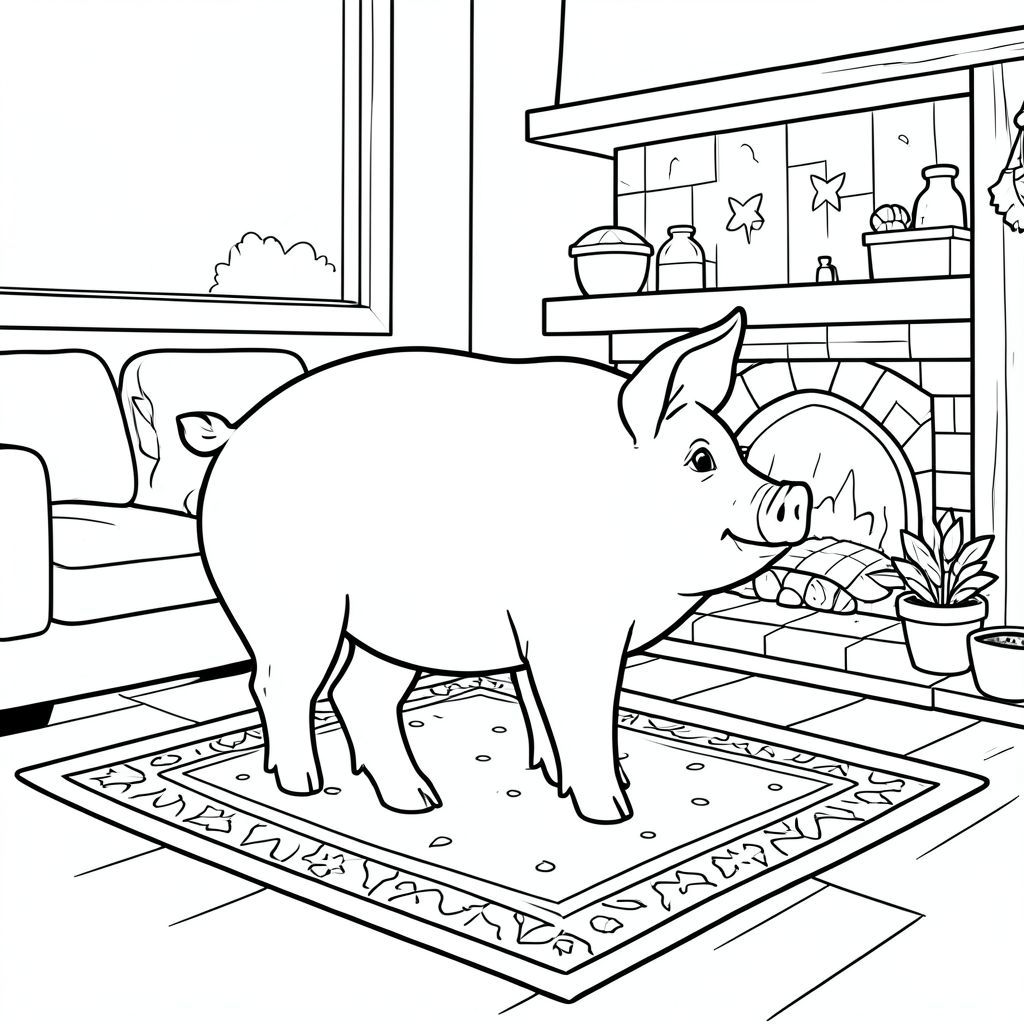 solo, chủ đề đơn, một đầu, hai mắt, hai tai, bốn chân, một đuôi, tỷ lệ tự nhiên, quy mô thích hợp trong môi trường, đúng giải phẫu, con lợn, lò sưởi, thảm, gỗ, đơn giản, sạch sẽ, ấm cúng, phòng khách, có hoa văn, truyện tranh, nghệ thuật đại chúng, trang màu, nghệ thuật đường, nền trắng, solo, chủ đề đơn, đúng giải phẫu, giải phẫu hoàn hảo
