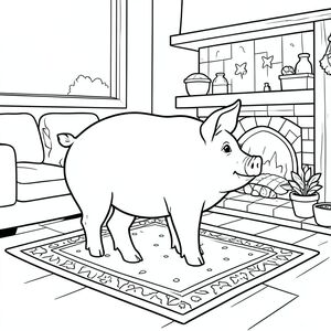 solo, chủ đề đơn, một đầu, hai mắt, hai tai, bốn chân, một đuôi, tỷ lệ tự nhiên, quy mô thích hợp trong môi trường, đúng giải phẫu, con lợn, lò sưởi, thảm, gỗ, đơn giản, sạch sẽ, ấm cúng, phòng khách, có hoa văn, truyện tranh, nghệ thuật đại chúng, trang màu, nghệ thuật đường, nền trắng, solo, chủ đề đơn, đúng giải phẫu, giải phẫu hoàn hảo