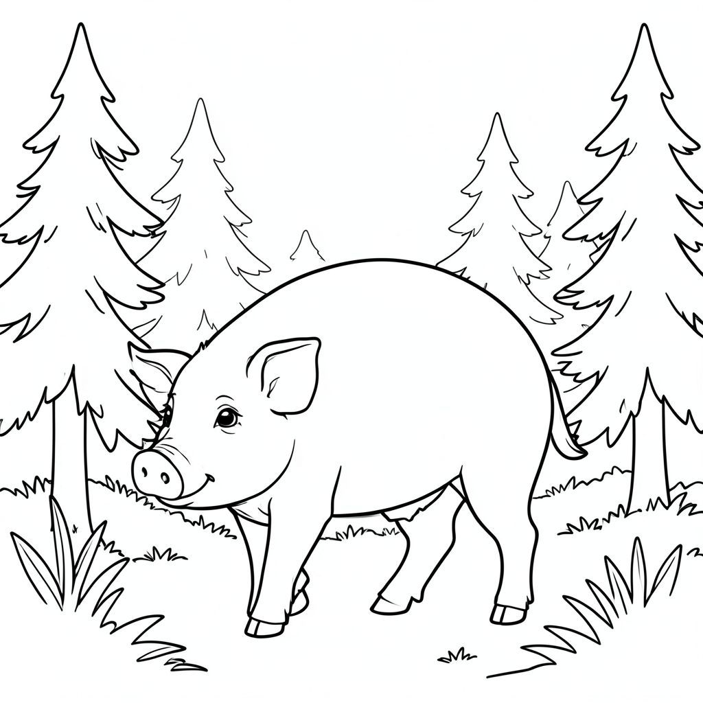 solo, chủ đề đơn, một đầu, hai mắt, hai tai, bốn chân, một đuôi, tỷ lệ tự nhiên, quy mô thích hợp trong môi trường, đúng giải phẫu, con lợn, sương mù, rừng thông, ánh sáng mặt trời, rõ ràng, dày đặc, im lặng, nhỏ, đơn giản, sạch sẽ, lý lịch, tô màu, nghệ thuật đường, nền trắng, solo, chủ đề đơn, đúng về mặt giải phẫu, giải phẫu hoàn hảo