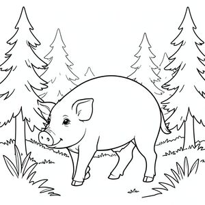 solo, chủ đề đơn, một đầu, hai mắt, hai tai, bốn chân, một đuôi, tỷ lệ tự nhiên, quy mô thích hợp trong môi trường, đúng giải phẫu, con lợn, sương mù, rừng thông, ánh sáng mặt trời, rõ ràng, dày đặc, im lặng, nhỏ, đơn giản, sạch sẽ, lý lịch, tô màu, nghệ thuật đường, nền trắng, solo, chủ đề đơn, đúng về mặt giải phẫu, giải phẫu hoàn hảo