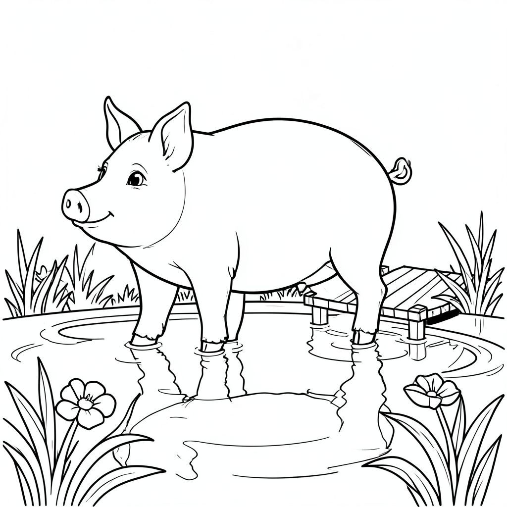 solo, chủ đề đơn, một đầu, hai mắt, hai tai, bốn chân, một đuôi, tỷ lệ tự nhiên, quy mô thích hợp trong môi trường, đúng về mặt giải phẫu, Con lợn, Ao hoa huệ, miếng đệm, bến tàu nhỏ, Nước, ánh sáng mặt trời, rõ ràng, mịn màng, phản chiếu, điềm tĩnh, yên bình, trang màu, nghệ thuật đường nét, nền trắng, solo, chủ đề đơn, đúng về mặt giải phẫu, giải phẫu hoàn hảo