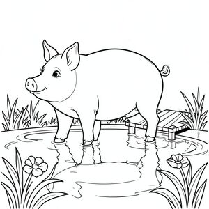 solo, chủ đề đơn, một đầu, hai mắt, hai tai, bốn chân, một đuôi, tỷ lệ tự nhiên, quy mô thích hợp trong môi trường, đúng về mặt giải phẫu, Con lợn, Ao hoa huệ, miếng đệm, bến tàu nhỏ, Nước, ánh sáng mặt trời, rõ ràng, mịn màng, phản chiếu, điềm tĩnh, yên bình, trang màu, nghệ thuật đường nét, nền trắng, solo, chủ đề đơn, đúng về mặt giải phẫu, giải phẫu hoàn hảo