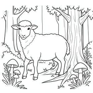 solo, chủ đề đơn, một đầu, hai mắt, hai tai, bốn chân, một đuôi, tỷ lệ tự nhiên, quy mô thích hợp trong môi trường, đúng giải phẫu, Cừu, Rừng cây, cây rỗng, gốc cây, nấm, đơn giản, sạch sẽ, lý lịch, rừng, tán lá, nhỏ, tô màu, nghệ thuật đường, nền trắng, solo, chủ đề đơn, đúng về mặt giải phẫu, giải phẫu hoàn hảo