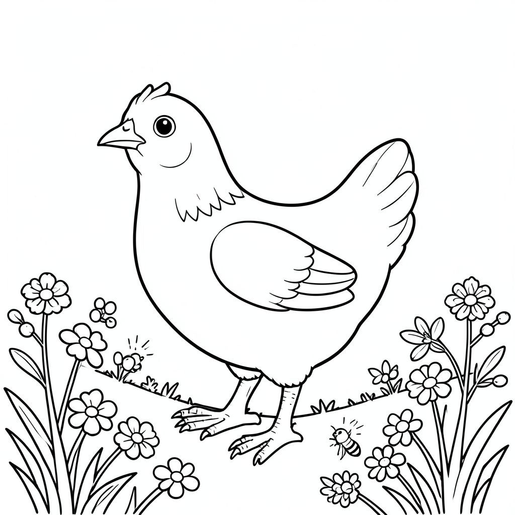 solo, một con chim, một đầu, hai mắt, một mỏ, hai cánh, hai chân, một đuôi, tỷ lệ tự nhiên, quy mô thích hợp trong môi trường, đúng giải phẫu, gà, Quả mọng, sườn đồi, nắng, cỏ, hoa dại, ong, ù, nhỏ, đơn giản, sạch sẽ, tô màu, nghệ thuật đường, nền trắng, solo, chủ đề đơn, chính xác về mặt giải phẫu, giải phẫu hoàn hảo