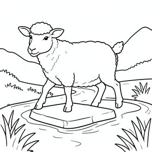 solo, chủ đề đơn, một đầu, hai mắt, hai tai, bốn chân, một đuôi, tỷ lệ tự nhiên, quy mô thích hợp trong môi trường, đúng giải phẫu, Cừu, bước đệm, suối, nông, nhẹ nhàng, con đường, đơn giản, sạch sẽ, lý lịch, phong cảnh, tự nhiên, trang màu, nghệ thuật đường, nền trắng, solo, chủ đề đơn, đúng về mặt giải phẫu, giải phẫu hoàn hảo