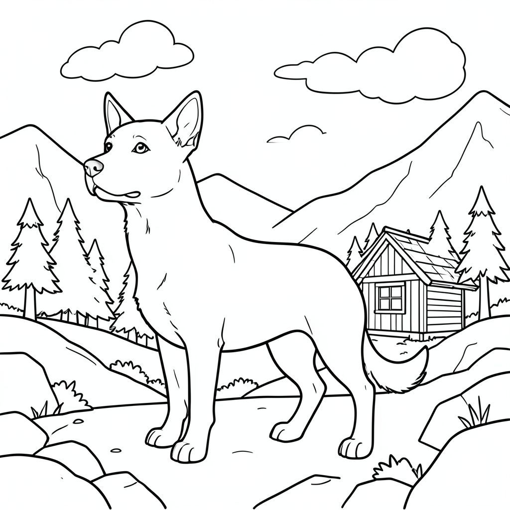 solo, chủ đề đơn, một đầu, hai mắt, hai tai, bốn chân, một đuôi, tỷ lệ tự nhiên, quy mô thích hợp trong môi trường, đúng giải phẫu,, thung lũng núi, cabin nhỏ, hút thuốc, gỗ, đơn giản, sạch sẽ, u ám, cây cối xa, địa hình đá, nhỏ, trang màu, nghệ thuật đường, nền trắng, solo, chủ đề đơn, đúng về mặt giải phẫu, giải phẫu hoàn hảo