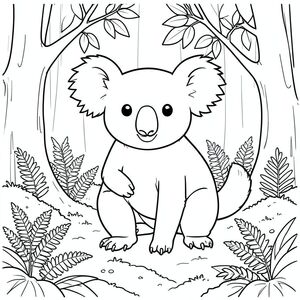solo, chủ đề đơn, một đầu, hai mắt, hai tai, bốn chân, một đuôi, tỷ lệ tự nhiên, quy mô thích hợp trong môi trường, đúng giải phẫu, Koala, rừng, ánh sáng mặt trời, lốm đốm, lá, chi nhánh, bụi rậm, rêu, dương xỉ, rõ ràng, đơn giản, tô màu, nghệ thuật đường, nền trắng, solo, chủ đề đơn, chính xác về mặt giải phẫu, giải phẫu hoàn hảo