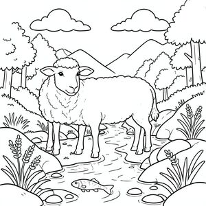 solo, chủ đề đơn, một đầu, hai mắt, hai tai, bốn chân, một đuôi, tỷ lệ tự nhiên, quy mô thích hợp trong môi trường, đúng giải phẫu, Cừu, suối núi, cải xoong, cá nhỏ, nước trong, đá, đá mịn, ánh sáng mặt trời, bầu trời, đám mây, cây cối, trang màu, nghệ thuật đường, nền trắng, solo, chủ đề đơn, đúng về mặt giải phẫu, giải phẫu hoàn hảo