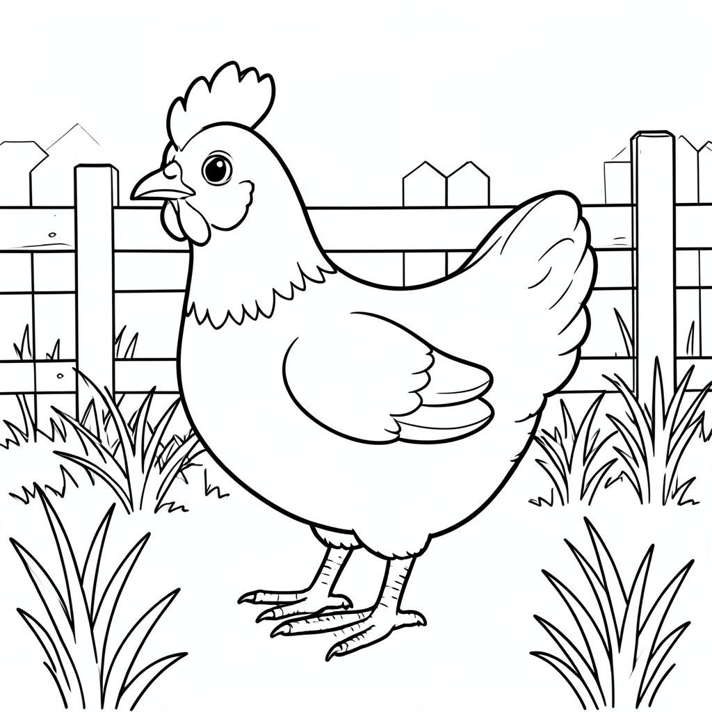 solo, một con chim, một đầu, hai mắt, một mỏ, hai cánh, hai chân, một đuôi, tỷ lệ tự nhiên, quy mô thích hợp trong môi trường, đúng giải phẫu, gà, bãi cừu, hàng rào, cỏ khô, đơn giản, sạch sẽ, lý lịch, bằng gỗ, nhỏ, hòa bình, tô màu, nghệ thuật đường, nền trắng, solo, chủ đề đơn, chính xác về mặt giải phẫu, giải phẫu hoàn hảo