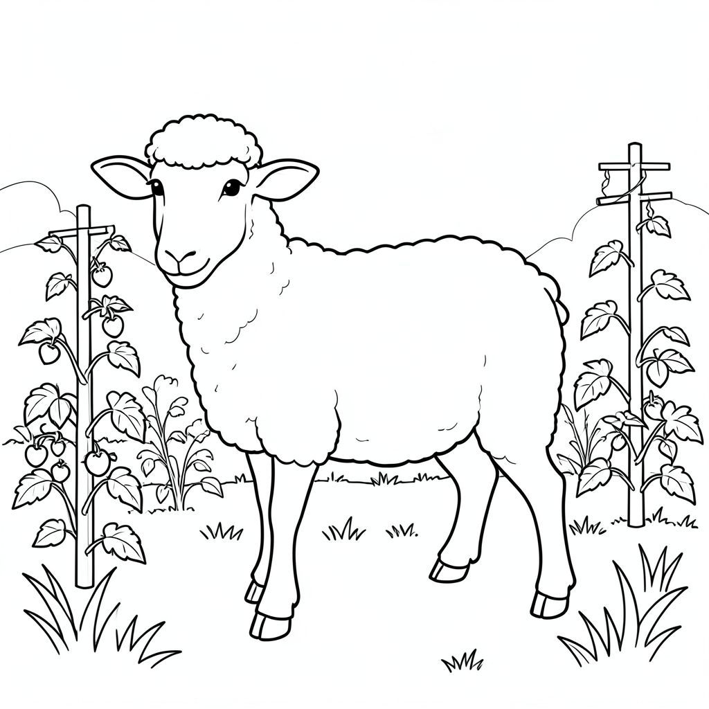 solo, chủ đề đơn, một đầu, hai mắt, hai tai, bốn chân, một đuôi, tỷ lệ tự nhiên, quy mô thích hợp trong môi trường, đúng giải phẫu, Cừu, Vườn rau, cọc cà chua, cọc đậu, nhỏ, nền đơn giản, sạch sẽ, cỏ, ánh sáng mặt trời, đơn giản, ngây thơ, trang màu, nghệ thuật đường, nền trắng, solo, chủ đề đơn, đúng giải phẫu, giải phẫu hoàn hảo