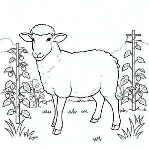 solo, chủ đề đơn, một đầu, hai mắt, hai tai, bốn chân, một đuôi, tỷ lệ tự nhiên, quy mô thích hợp trong môi trường, đúng giải phẫu, Cừu, Vườn rau, cọc cà chua, cọc đậu, nhỏ, nền đơn giản, sạch sẽ, cỏ, ánh sáng mặt trời, đơn giản, ngây thơ, trang màu, nghệ thuật đường, nền trắng, solo, chủ đề đơn, đúng giải phẫu, giải phẫu hoàn hảo