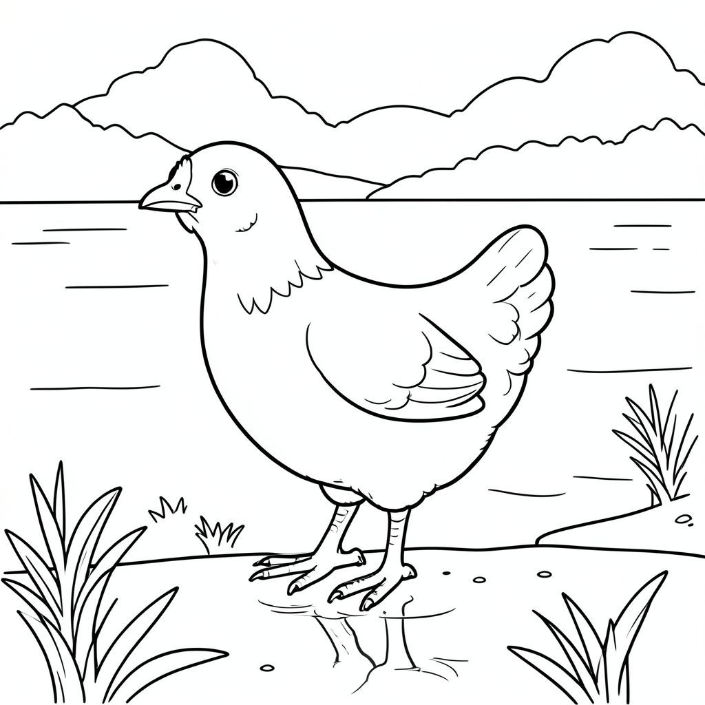 solo, một con chim, một đầu, hai mắt, một mỏ, hai cánh, hai chân, một đuôi, tỷ lệ tự nhiên, quy mô thích hợp trong môi trường, đúng về mặt giải phẫu, gà, hồ, bờ biển, gương, vẫn, điềm tĩnh, nước, rõ ràng, thanh thản, yên tĩnh, nhỏ, tô màu, nghệ thuật đường, nền trắng, solo, chủ đề đơn, đúng về mặt giải phẫu, giải phẫu hoàn hảo