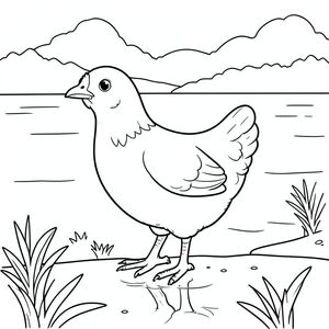 solo, một con chim, một đầu, hai mắt, một mỏ, hai cánh, hai chân, một đuôi, tỷ lệ tự nhiên, quy mô thích hợp trong môi trường, đúng về mặt giải phẫu, gà, hồ, bờ biển, gương, vẫn, điềm tĩnh, nước, rõ ràng, thanh thản, yên tĩnh, nhỏ, tô màu, nghệ thuật đường, nền trắng, solo, chủ đề đơn, đúng về mặt giải phẫu, giải phẫu hoàn hảo