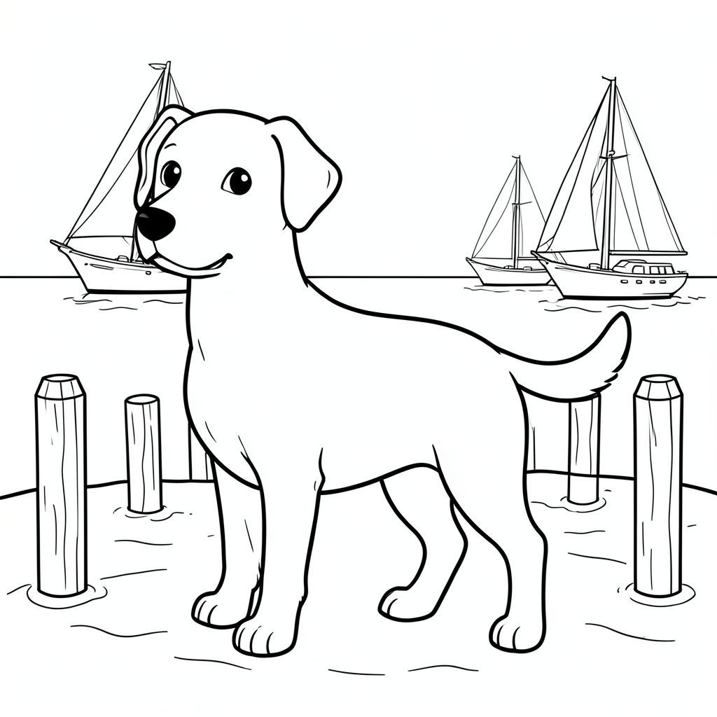 solo, single subject, one head, two eyes, two ears, four legs, one tail, natural proportions, proper scale in environment, anatomically correct, dog, Marina, sailboats, wooden pilings, water, calm, clear, simple, clean, small, quiet, coloring page, line art, white background, solo, single subject, anatomically correct, perfect anatomy