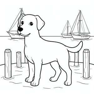solo, single subject, one head, two eyes, two ears, four legs, one tail, natural proportions, proper scale in environment, anatomically correct, dog, Marina, sailboats, wooden pilings, water, calm, clear, simple, clean, small, quiet, coloring page, line art, white background, solo, single subject, anatomically correct, perfect anatomy