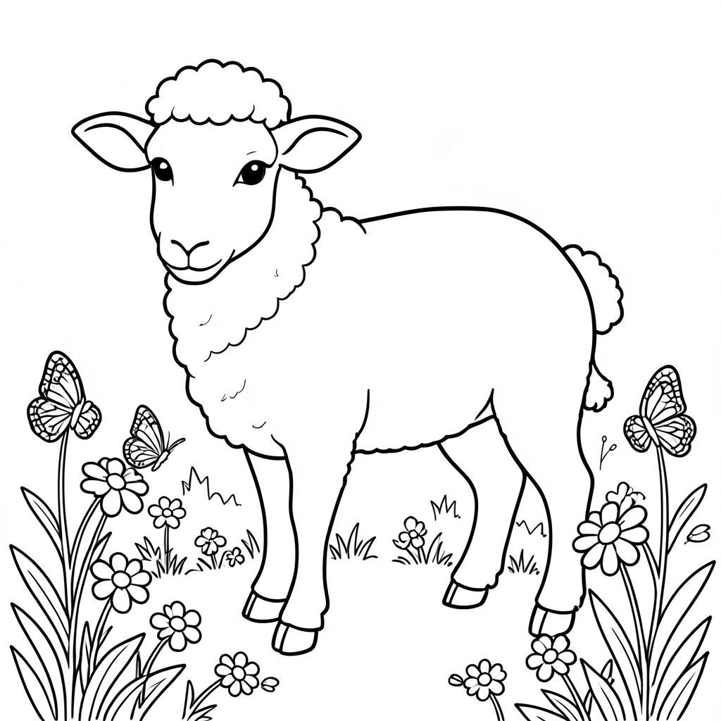 solo, single subject, one head, two eyes, two ears, four legs, one tail, natural proportions, proper scale in environment, anatomically correct, Sheep, Butterfly garden, wildflowers, small, simple background, clean, flat, storybook, pure, coloring page, line art, white background, solo, single subject, anatomically correct, perfect anatomy