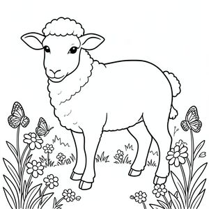 solo, single subject, one head, two eyes, two ears, four legs, one tail, natural proportions, proper scale in environment, anatomically correct, Sheep, Butterfly garden, wildflowers, small, simple background, clean, flat, storybook, pure, coloring page, line art, white background, solo, single subject, anatomically correct, perfect anatomy
