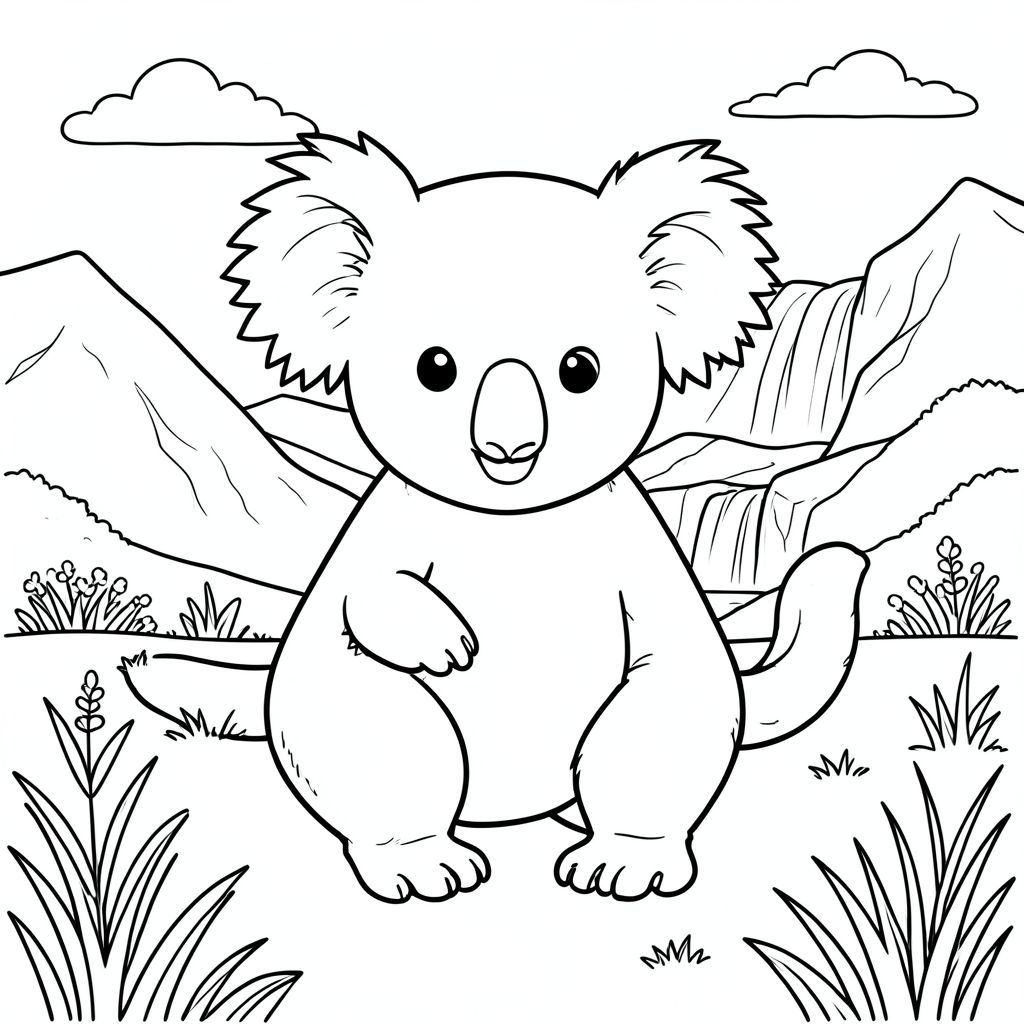 solo, single subject, one head, two eyes, two ears, four legs, one tail, natural proportions, proper scale in environment, anatomically correct, Koala, mountain, meadow, grassy, distant, waterfall, clear, sky, sunlight, simple, clean, coloring page, line art, white background, solo, single subject, anatomically correct, perfect anatomy