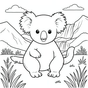solo, single subject, one head, two eyes, two ears, four legs, one tail, natural proportions, proper scale in environment, anatomically correct, Koala, mountain, meadow, grassy, distant, waterfall, clear, sky, sunlight, simple, clean, coloring page, line art, white background, solo, single subject, anatomically correct, perfect anatomy