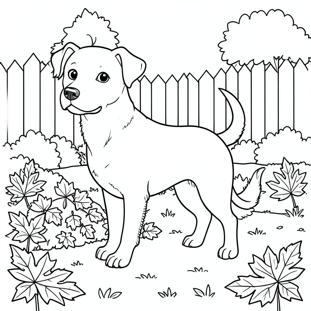 solo, single subject, one head, two eyes, two ears, four legs, one tail, natural proportions, proper scale in environment, anatomically correct, dog, Autumn, backyard, leaves, pile, warm, sunny, simple, clean, background, landscape, coloring page, line art, white background, solo, single subject, anatomically correct, perfect anatomy