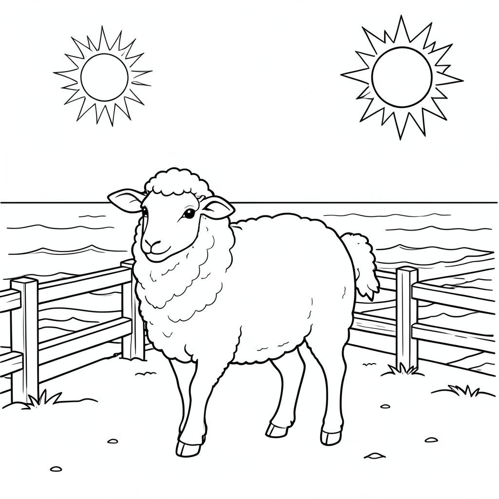 solo, single subject, one head, two eyes, two ears, four legs, one tail, natural proportions, proper scale in environment, anatomically correct, Sheep, sun, beach, boardwalk, wooden railing, clear sky, sunlight, ocean, sand, waves, shoreline, coloring page, line art, white background, solo, single subject, anatomically correct, perfect anatomy