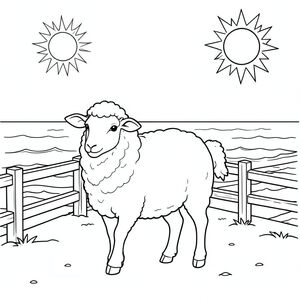 solo, single subject, one head, two eyes, two ears, four legs, one tail, natural proportions, proper scale in environment, anatomically correct, Sheep, sun, beach, boardwalk, wooden railing, clear sky, sunlight, ocean, sand, waves, shoreline, coloring page, line art, white background, solo, single subject, anatomically correct, perfect anatomy