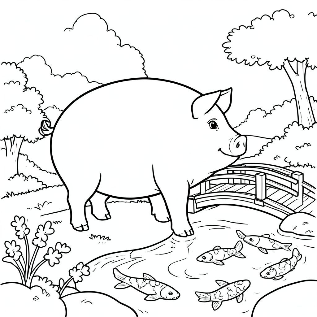 solo, single subject, one head, two eyes, two ears, four legs, one tail, natural proportions, proper scale in environment, anatomically correct, Pig, Japanese garden, small bridge, koi pond, wooden bridge, simple background, clean, storybook, pure, no, coloring page, line art, white background, solo, single subject, anatomically correct, perfect anatomy