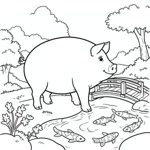 solo, single subject, one head, two eyes, two ears, four legs, one tail, natural proportions, proper scale in environment, anatomically correct, Pig, Japanese garden, small bridge, koi pond, wooden bridge, simple background, clean, storybook, pure, no, coloring page, line art, white background, solo, single subject, anatomically correct, perfect anatomy