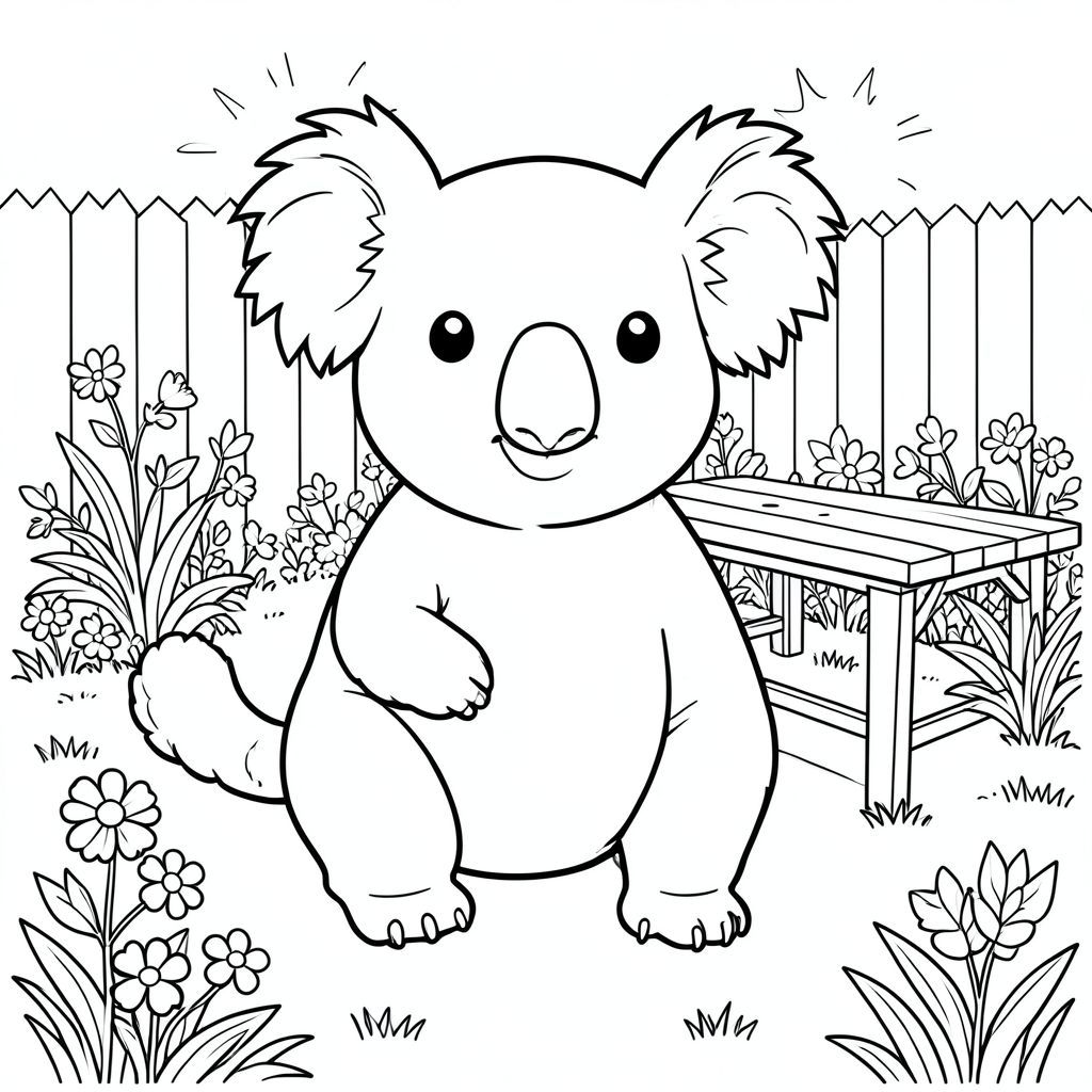 solo, single subject, one head, two eyes, two ears, four legs, one tail, natural proportions, proper scale in environment, anatomically correct, Koala, sunlit, backyard, patio, plants, table, simple, clean, background, grass, flowers, coloring page, line art, white background, solo, single subject, anatomically correct, perfect anatomy