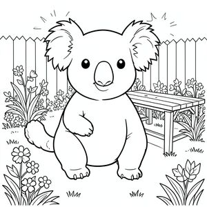 solo, single subject, one head, two eyes, two ears, four legs, one tail, natural proportions, proper scale in environment, anatomically correct, Koala, sunlit, backyard, patio, plants, table, simple, clean, background, grass, flowers, coloring page, line art, white background, solo, single subject, anatomically correct, perfect anatomy