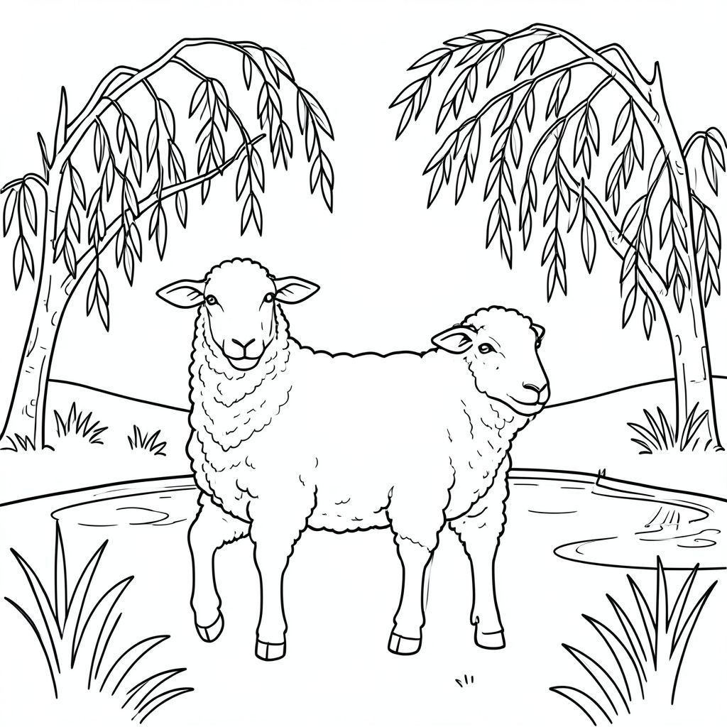 solo, single subject, one head, two eyes, two ears, four legs, one tail, natural proportions, proper scale in environment, anatomically correct, Sheep, Willow, pond, quiet, branches, drooping, graceful, simple, clean, background, landscape, coloring page, line art, white background, solo, single subject, anatomically correct, perfect anatomy