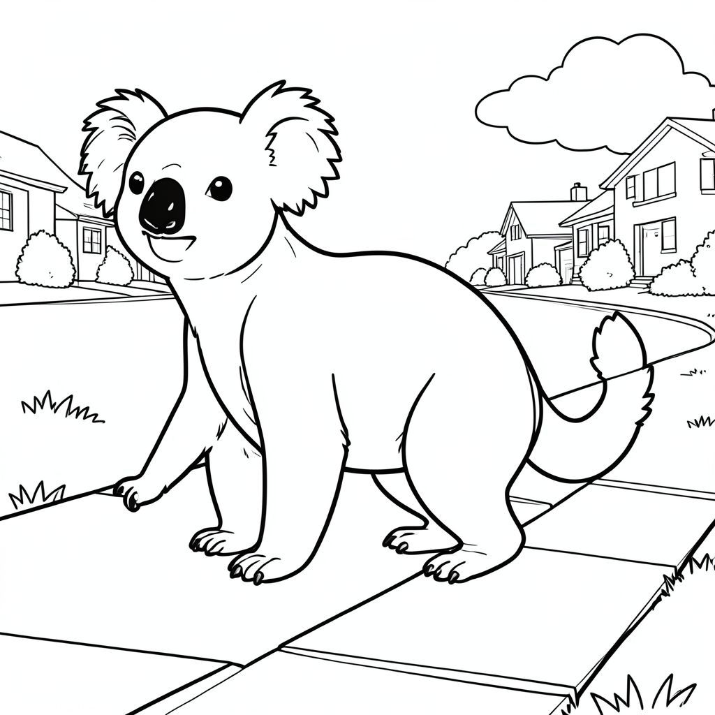 solo, single subject, one head, two eyes, two ears, four legs, one tail, natural proportions, proper scale in environment, anatomically correct, Koala, road, suburban, side, simple, clean, background, grassy, straight, sidewalk, pavement, coloring page, line art, white background, solo, single subject, anatomically correct, perfect anatomy