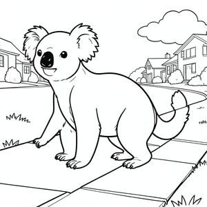 solo, single subject, one head, two eyes, two ears, four legs, one tail, natural proportions, proper scale in environment, anatomically correct, Koala, road, suburban, side, simple, clean, background, grassy, straight, sidewalk, pavement, coloring page, line art, white background, solo, single subject, anatomically correct, perfect anatomy