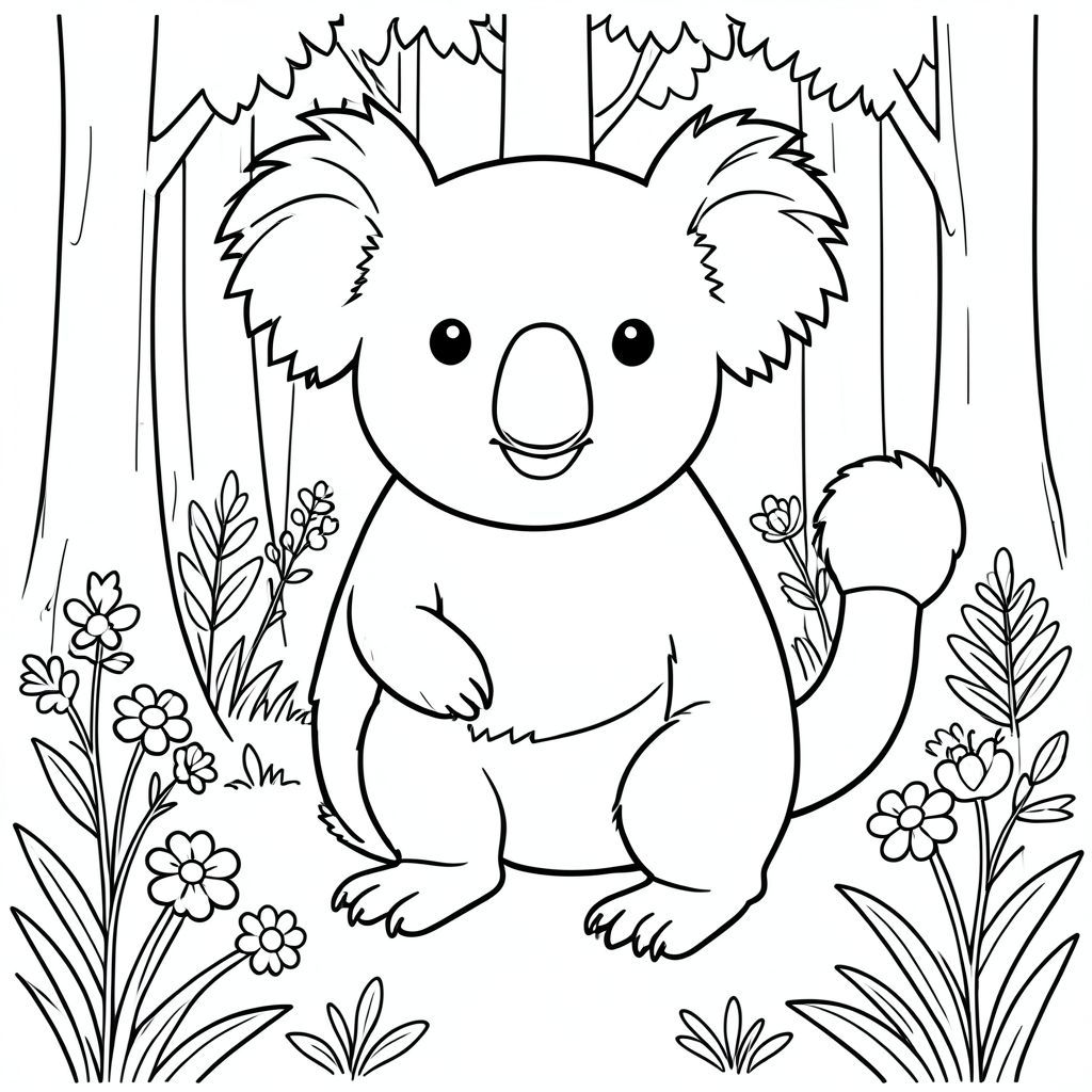 solo, single subject, one head, two eyes, two ears, four legs, one tail, natural proportions, proper scale in environment, anatomically correct, Koala, forest, edge, wildflowers, small, simple, clean, background, vegetation, foliage, foliage, coloring page, line art, white background, solo, single subject, anatomically correct, perfect anatomy