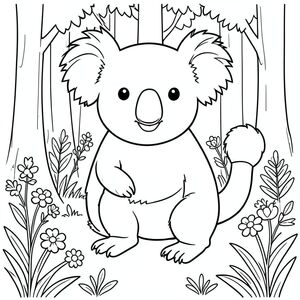 solo, single subject, one head, two eyes, two ears, four legs, one tail, natural proportions, proper scale in environment, anatomically correct, Koala, forest, edge, wildflowers, small, simple, clean, background, vegetation, foliage, foliage, coloring page, line art, white background, solo, single subject, anatomically correct, perfect anatomy