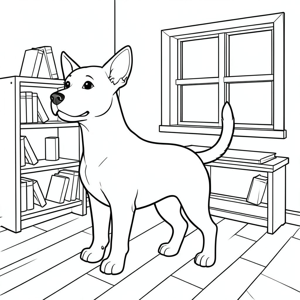 solo, single subject, one head, two eyes, two ears, four legs, one tail, natural proportions, proper scale in environment, anatomically correct, dog, Toy shelves, wooden floor, window seat, simple background, clean, white walls, books, small, interior, peaceful, coloring page, line art, white background, solo, single subject, anatomically correct, perfect anatomy