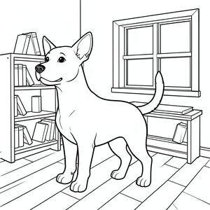 solo, single subject, one head, two eyes, two ears, four legs, one tail, natural proportions, proper scale in environment, anatomically correct, dog, Toy shelves, wooden floor, window seat, simple background, clean, white walls, books, small, interior, peaceful, coloring page, line art, white background, solo, single subject, anatomically correct, perfect anatomy