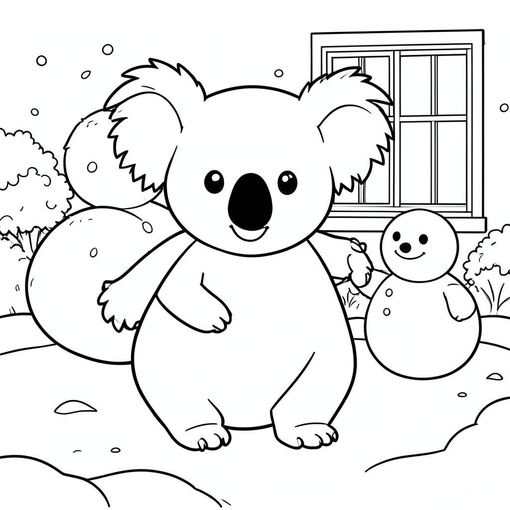 solo, single subject, one head, two eyes, two ears, four legs, one tail, natural proportions, proper scale in environment, anatomically correct, Koala, Snow, winter, front yard, snowman, snow, fresh, clean, simple, background, window, coloring page, line art, white background, solo, single subject, anatomically correct, perfect anatomy