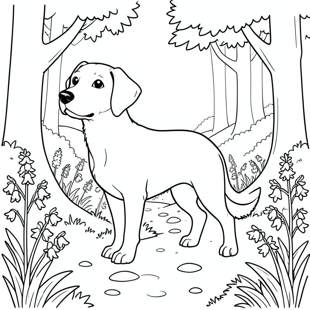 solo, single subject, one head, two eyes, two ears, four legs, one tail, natural proportions, proper scale in environment, anatomically correct, dog, Woodland path, dappled, bluebells, simple background, clean environment, forest, trees, leaves, path, stone, coloring page, line art, white background, solo, single subject, anatomically correct, perfect anatomy