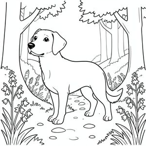 solo, single subject, one head, two eyes, two ears, four legs, one tail, natural proportions, proper scale in environment, anatomically correct, dog, Woodland path, dappled, bluebells, simple background, clean environment, forest, trees, leaves, path, stone, coloring page, line art, white background, solo, single subject, anatomically correct, perfect anatomy