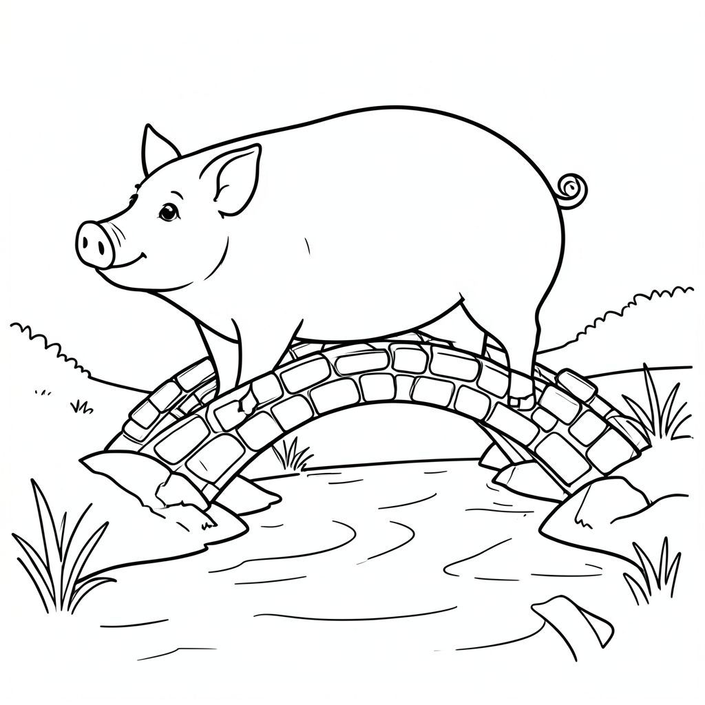 solo, single subject, one head, two eyes, two ears, four legs, one tail, natural proportions, proper scale in environment, anatomically correct, Pig, Stream, water, bridge, stone, arched, narrow, small, simple, clean, background, coloring page, line art, white background, solo, single subject, anatomically correct, perfect anatomy