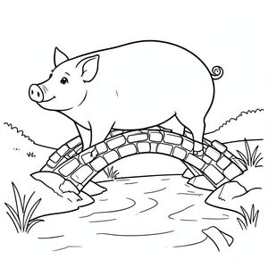 solo, single subject, one head, two eyes, two ears, four legs, one tail, natural proportions, proper scale in environment, anatomically correct, Pig, Stream, water, bridge, stone, arched, narrow, small, simple, clean, background, coloring page, line art, white background, solo, single subject, anatomically correct, perfect anatomy
