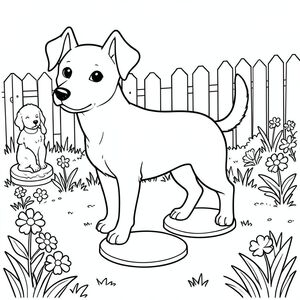 solo, single subject, one head, two eyes, two ears, four legs, one tail, natural proportions, proper scale in environment, anatomically correct, dog, garden, stepping stones, statues, small, simple, clean, sunlight, flowers, grass, wooden fence, coloring page, line art, white background, solo, single subject, anatomically correct, perfect anatomy