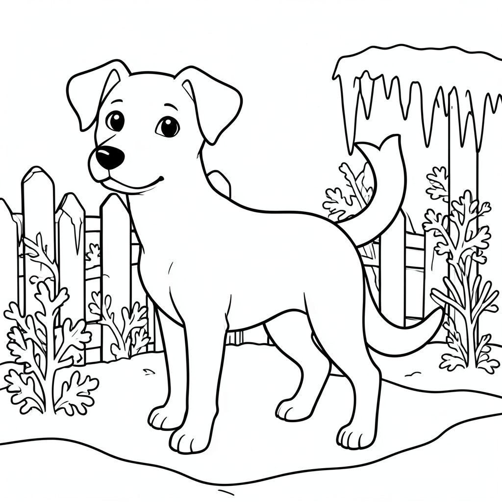 solo, single subject, one head, two eyes, two ears, four legs, one tail, natural proportions, proper scale in environment, anatomically correct, dog, frost, winter, garden, fence, icicles, snow, white, simple, clean, background, coloring page, line art, white background, solo, single subject, anatomically correct, perfect anatomy