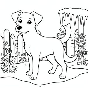 solo, single subject, one head, two eyes, two ears, four legs, one tail, natural proportions, proper scale in environment, anatomically correct, dog, frost, winter, garden, fence, icicles, snow, white, simple, clean, background, coloring page, line art, white background, solo, single subject, anatomically correct, perfect anatomy