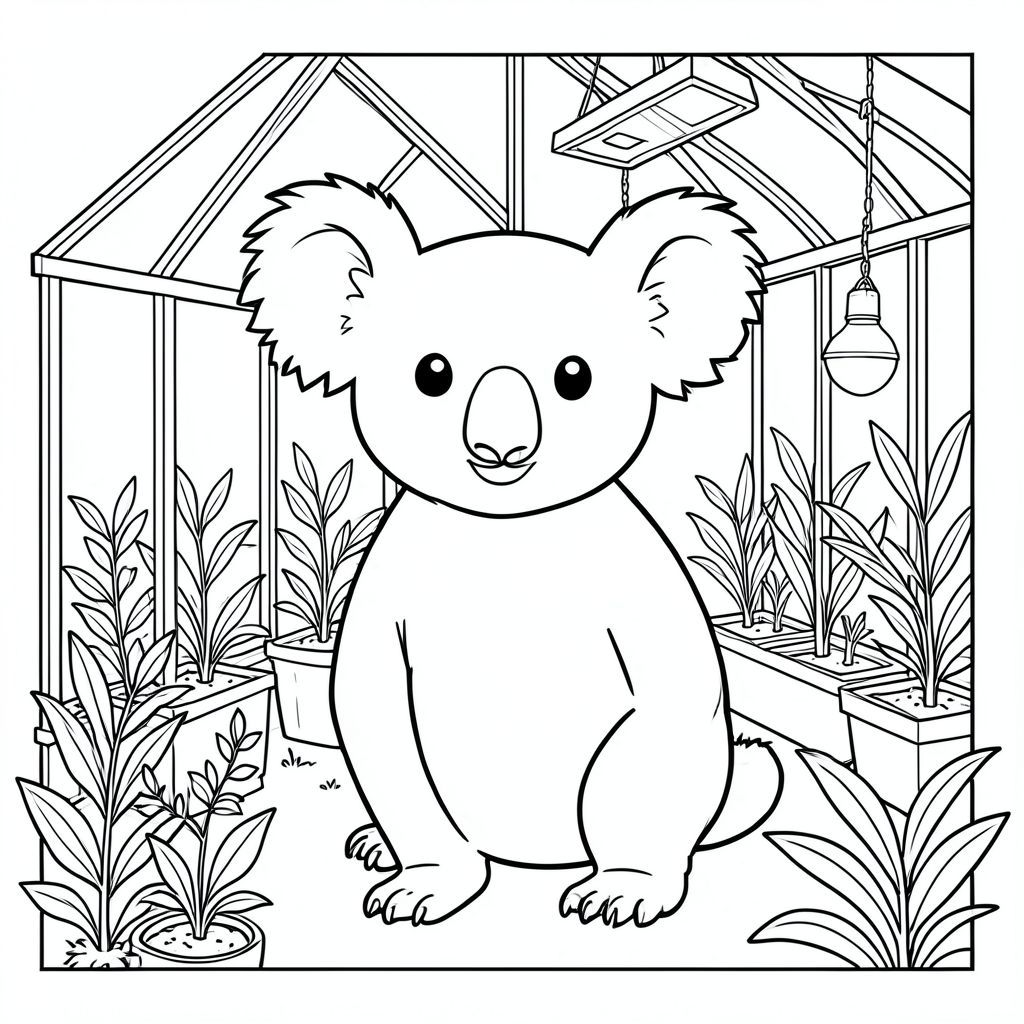 solo, single subject, one head, two eyes, two ears, four legs, one tail, natural proportions, proper scale in environment, anatomically correct, Koala, greenhouse, seedlings, grow lights, sunlight, glass, frame, plants, foliage, simple, clean, coloring page, line art, white background, solo, single subject, anatomically correct, perfect anatomy